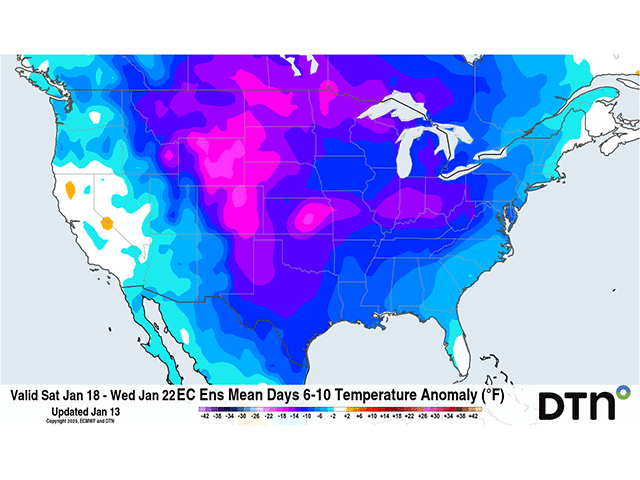 Another burst of arctic air will spread through the country following a cold front this weekend. Peak anomalies of more than 30 degrees Fahrenheit below normal are going to be possible in some areas. (DTN graphic)