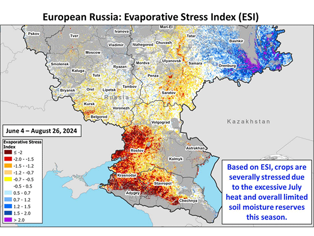 The satellite-derived Evaporative Stress Index (ESI) for Southern Russia during June 4-Aug. 26, 2024, showed severe crop stress due to excessive heat and limited soil moisture reserves. (USDA graphic by NASA/USGS) 