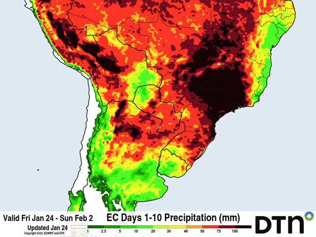 Heavy rain is forecast for central Brazil at the end of January; amounts of 50-100 millimeters (2-4 inches) are common, while some spots in the region will eclipse that. (DTN graphic)