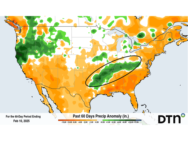 The band of green represents above-average precipitation extending from the Arkansas-Louisiana-Texas region to the Tennessee Valley, but much of the Ohio Valley remains at or slightly below average. (DTN graphic)