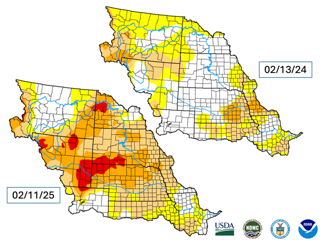 More than 80% of the Missouri River basin is in dryness or drought this year versus 53% last year, including close to one-third in severe to extreme drought. (U.S. Drought Monitor graphic)