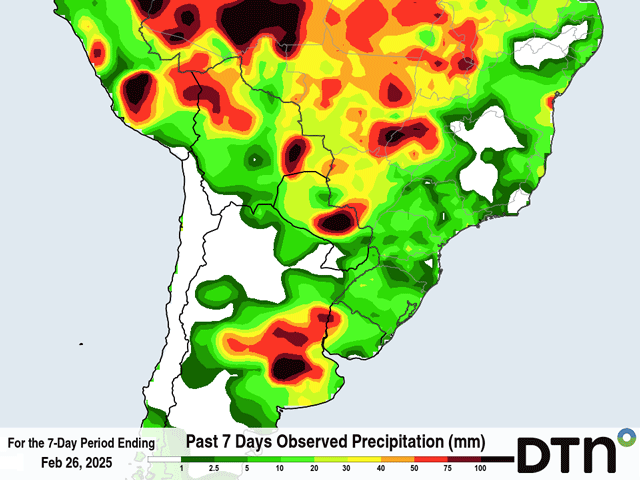 Precipitation over the past seven days has been heavy across some of the main growing areas in Argentina. (DTN image)