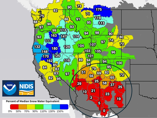 Moisture from snow melt is almost zero in the southwestern U.S. going into spring. That dryness especially affects the Colorado River basin. (NOAA/NIDIS graphic)