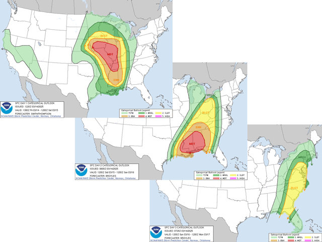 Several days of severe weather are forecast to have an impact on the U.S. with moderate risks of tornadoes, damaging winds and large hail. (SPC graphics)