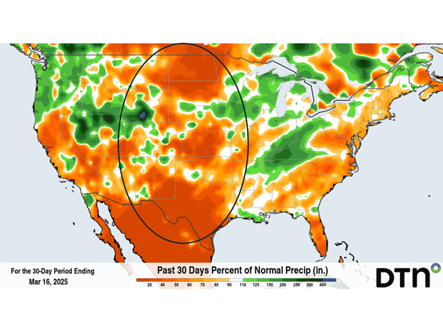 Large portions of the U.S. Plains have had no more than 20% of average precipitation in the past 30 days. The dryness, along with strong winds, has been stressful to winter wheat coming out of dormancy. (DTN graphic)