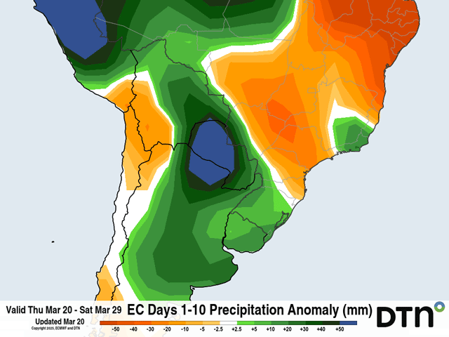 Rainfall is forecast for Brazil&#039;s safrinha corn areas over the next 10 days, but amounts are expected to be below normal. (DTN graphic)