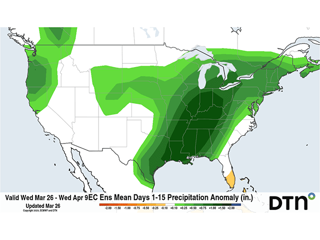 A strong, multipiece storm system this weekend will fuel an active pattern with above-normal rainfall for a lot of the U.S. going into early April. (DTN graphic) 
