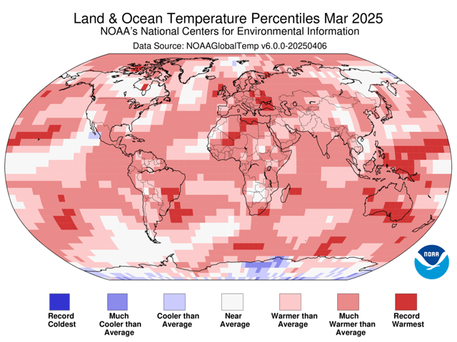 Land and ocean temperature rankings in the "much warmer than average" and "record warmest" categories were dominant around the world in March 2025. (NOAA/NCEI graphic)