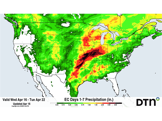 Heavy rainfall is forecast from the Southern Plains into the Midwest over the next seven days. (DTN graphic)