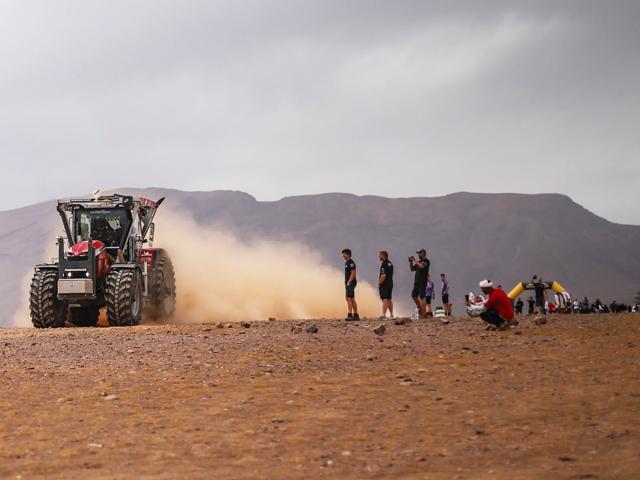 Massey Ferguson&#039;s MF 8S Dyna E-Power has become the first tractor to complete the Morocco Desert Challenge. The modified tractor completed the course in 75th place out of 144 competitors. (DTN image courtesy Massey Ferguson)
