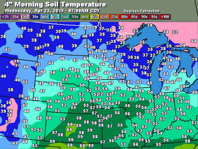 Four-inch soil temperatures continue to rise across the Corn Belt. Northern areas still have some catching up to do. (DTN graphic)