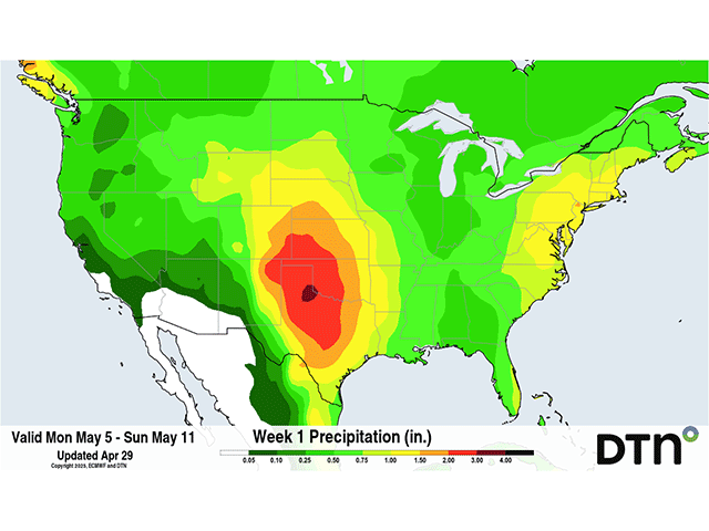 Heavy rain is forecast for the southern half of the Plains next week as a cutoff low-pressure center slowly drifts through the region. (DTN graphic) 