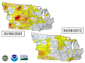 The early-May 2025 Drought Monitor assessment for the National Weather Service Central Region shows more than 60% in some phase of dryness or drought, compared with less than 40% at the same time in 2012. (NDMC/NOAA/USDA chart)