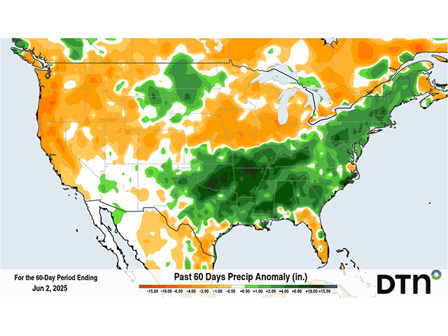 Below-normal rainfall deficits are found in the heart of the Corn Belt over the last 60 days prior to this week. (DTN graphic)