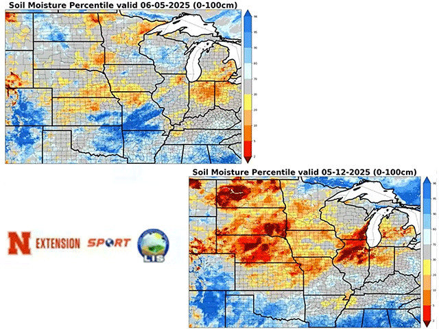 Soil moisture in the North-Central U.S. is much improved following late-May rainfall. This offers some reserves for crops and pastures in the event of summer heat and dryness. (University of Nebraska-Lincoln Extension graphic)