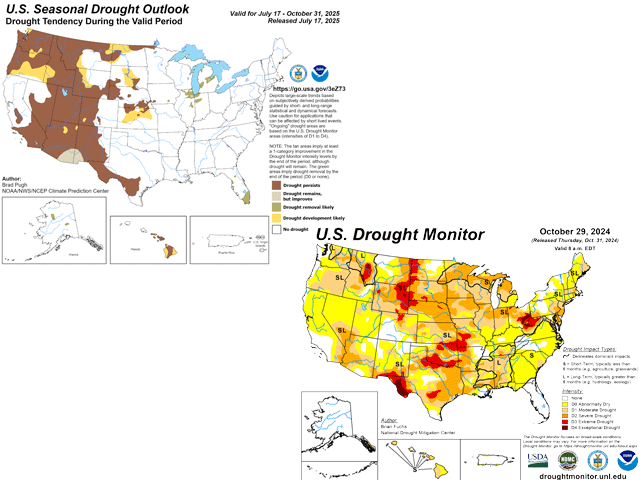 The NOAA Seasonal Drought Outlook through October calls for limited areas of drought east of the Rockies. This is in sharp contrast to the fall of 2024, when dryness and drought were widespread in the central and eastern U.S. (NOAA, USDA, Drought Mitigation Center graphics)