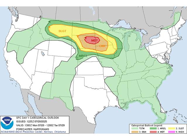 The Storm Prediction Center has a moderate risk of severe storms in the North-Central U.S. and the potential of a derecho developing later this afternoon and evening. (SPC graphic)