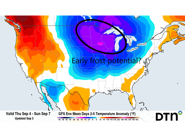 Temperatures continue to be very low east of the Rockies behind two fronts moving through. Could frost occur across the north? (DTN graphic)
