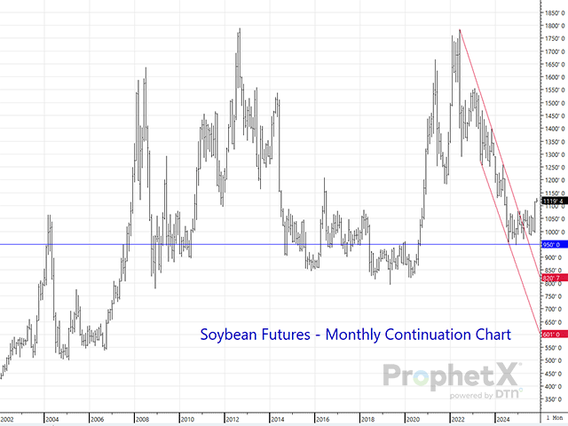 The key reversal left on the monthly soybean continuation chart is a strong sign that further gains should be on the horizon, especially when backed by confirming signals on shorter-term charts and improvements in fundamentals recently. (DTN ProphetX chart)
