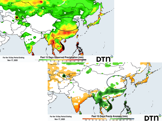 North China Plain wheat seeding progress has received a big boost during November with rainfall totals of no more than 1.5 inches after flooding amounts in October. (DTN graphics)