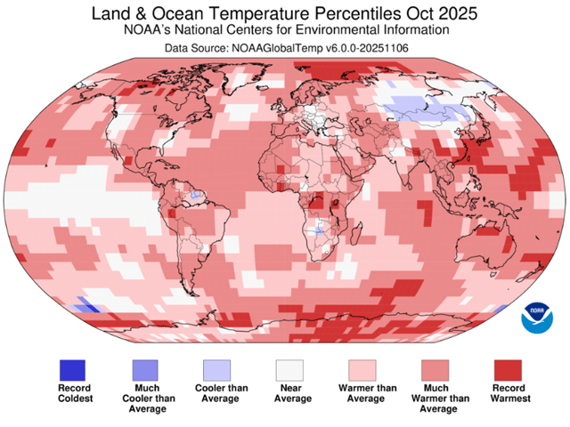 October 2025 featured below-average temperatures in central Asia and near-average in the equatorial Pacific Ocean. Above- to much-above average values dominated elsewhere, notably in the North and South Pole regions. (NOAA/NCEI graphic)
