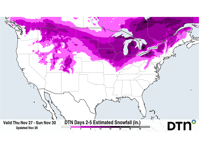 A band of heavy snow is forecast from Friday through Sunday, Nov. 28-30. Other significant impacts are forecast from a big system moving through as well. (DTN graphic) 