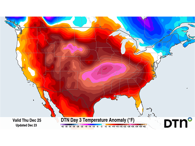 Extremely warm temperatures are forecast for the vast majority of the country for Christmas Day. Some areas are going to set records. (DTN graphic)