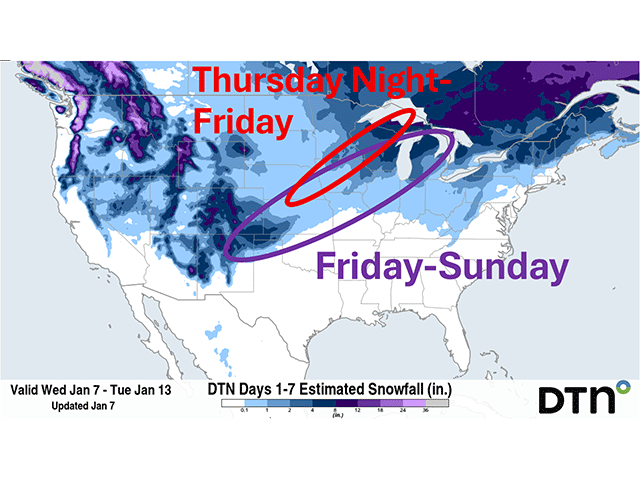 A pair of systems will spread some snowy impacts through the U.S. over the next several days. (DTN graphic)