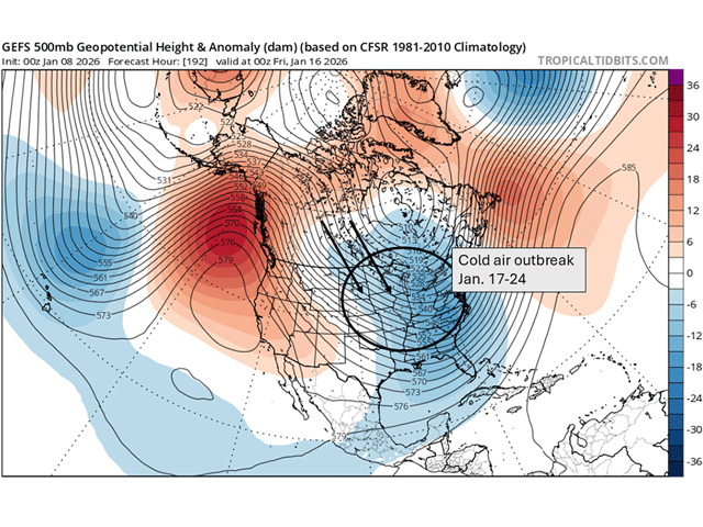 As an area of high pressure builds near Alaska, this will lead to Arctic air sinking into central Canada and the eastern half of the U.S. Jan. 17-24. (Tropical Tidbits graphic)