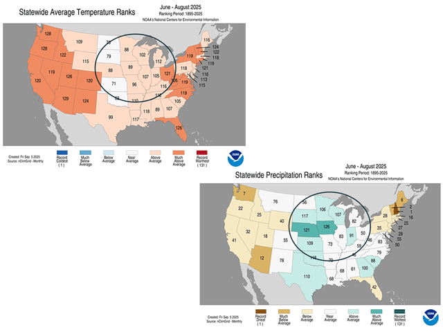 Summer in the central United States was mainly warm, but not hot, with mostly above-normal rainfall, notably in the Western Corn Belt. (NOAA graphic)