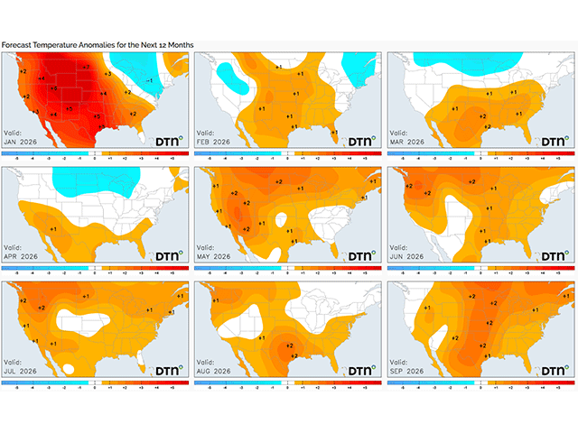 Some lingering cold air could cause some issues this spring, but variable temperatures during the summer are an overall good signal for U.S. agriculture. (DTN graphic) 