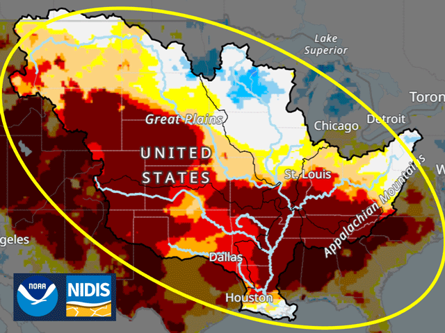 The Jan. 12, 2026, Evaporative Demand Drought Index shows extreme drying over the southern half of the Mississippi River basin. (NOAA/NIDIS graphic)