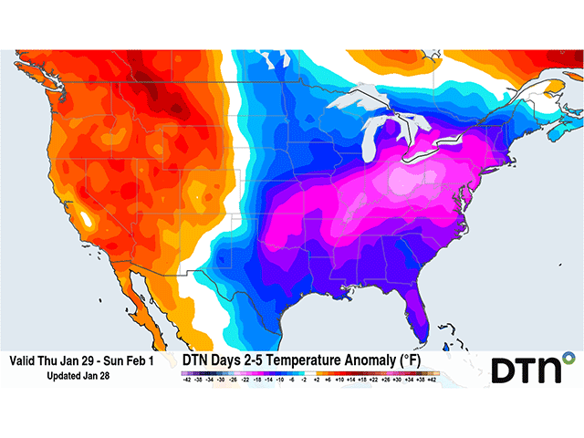 Very cold air will descend through the U.S. east of the Rockies again for late this week and weekend. The coldest air of the year is expected across the Florida Peninsula Sunday into Monday. (DTN graphic)