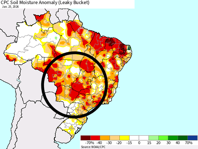 The soil moisture situation in Brazil's safrinha corn areas (circled) is not looking favorable based on satellite estimates as planting increases going into February. (DTN graphic)
