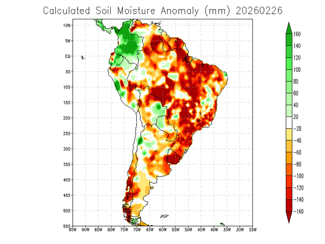 Soil moisture anomalies computed via satellite from NOAA depict below-normal levels just as safrinha corn planting is running slower than normal. (NOAA graphic)