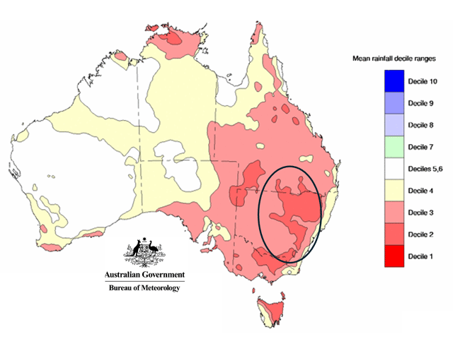 Australia winter and spring precipitation in 10 strong El Nino years dropped to the driest percentile. That dryness was notable in the Murray-Darling Basin of southeastern Australia. (Australia Bureau of Meteorology graphic) 