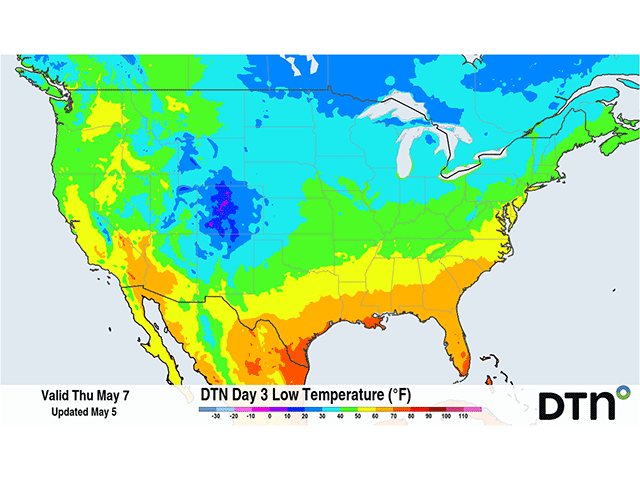 The most likely day for widespread frost formation, Thursday, May 7, has chances for frosty temperatures as far south as the Central Plains and Midwest. (DTN graphic)