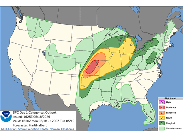 The Storm Prediction Center has put out a moderate risk of severe weather across portions of Kansas and extreme southeastern Nebraska. (SPC graphic)