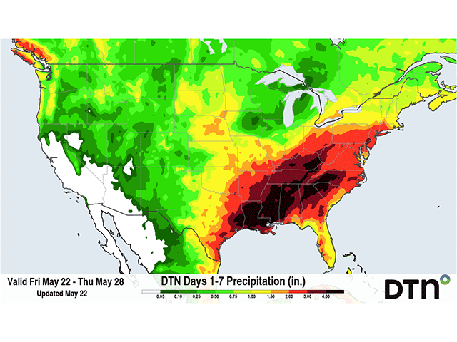 Heavy rainfall is forecast across a lot of the U.S. South and Southeast with still good amounts in parts of the West and Plains. (DTN graphic)