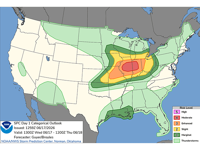 A moderate risk of severe weather is forecast by the Storm Prediction Center for Wednesday, June 17. (SPC graphic)