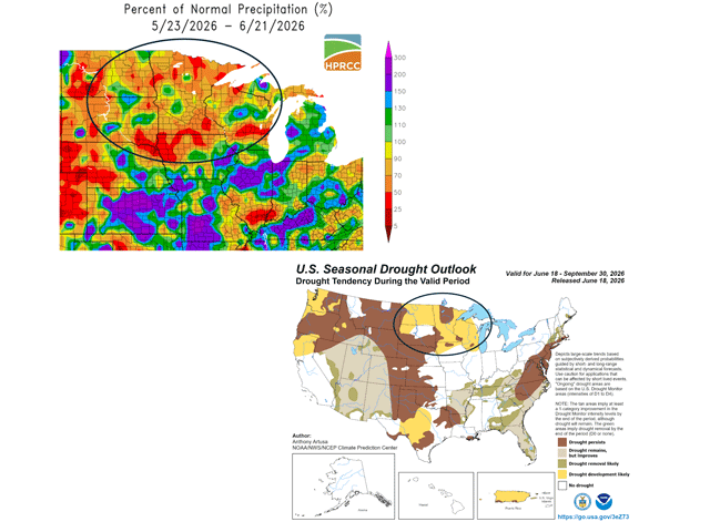 Some areas of the northern Corn Belt have had no more than 50% of normal precipitation during the past 30 days. A stripe from northeast Nebraska and southeast South Dakota through south-central Wisconsin is of most concern. (NOAA and HPRCC graphics)
