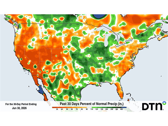 Above-normal rainfall has fallen across a lot of the Plains, South, and Midwest in June. (DTN graphic)