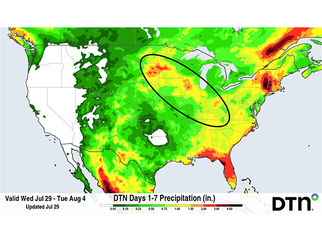 A large area of the Corn Belt is forecast to see at least an inch of rain from a system moving through late this week and weekend. (DTN graphic)
