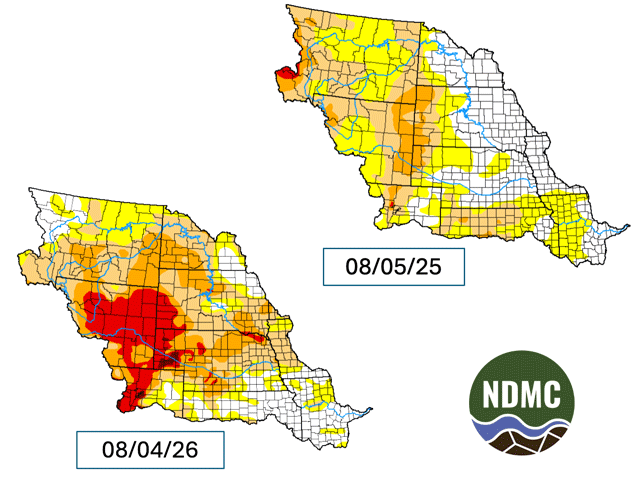 More than 80% of the Missouri River Basin is in drought, according to the Aug. 4 U.S. Drought Monitor. That is almost twice as much as 44% in drought a year ago. (NDMC graphic)