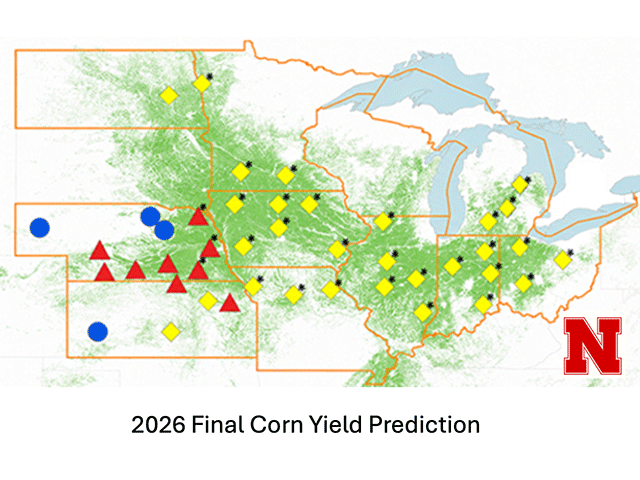 The final predicted yield for corn in the University of Nebraska-Lincoln Hybrid-Maize model calls for mostly below-average yields at irrigated sites and near-average at most rainfed sites. Late-season warmth trimmed the corn yield potential. (UNL CropWatch/Nebraska Extension graphic)