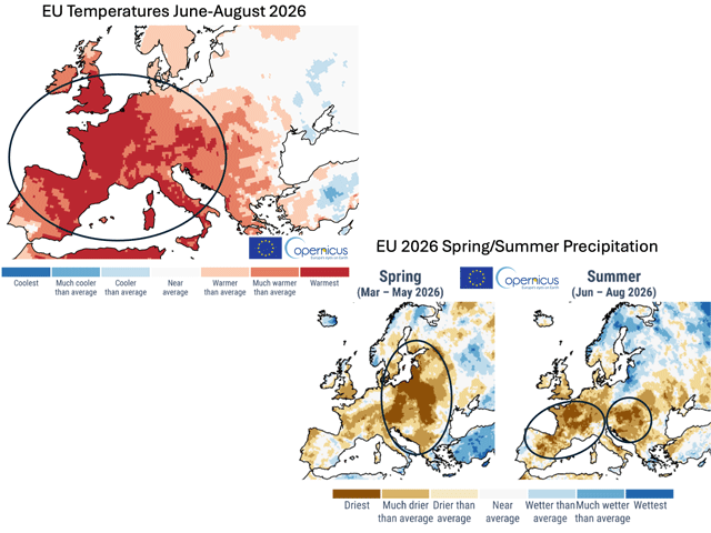 Almost all of Western and Central Europe had the warmest summer season on record. Many corn-producing areas were the driest on record during the summer of 2026. (European Union Copernicus Monitoring Service graphics)