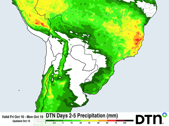 Rainfall is shifting from southern Brazil into central Brazil through the weekend, giving central states some much-needed rain, and for southern areas a chance to dry out. (DTN graphic)