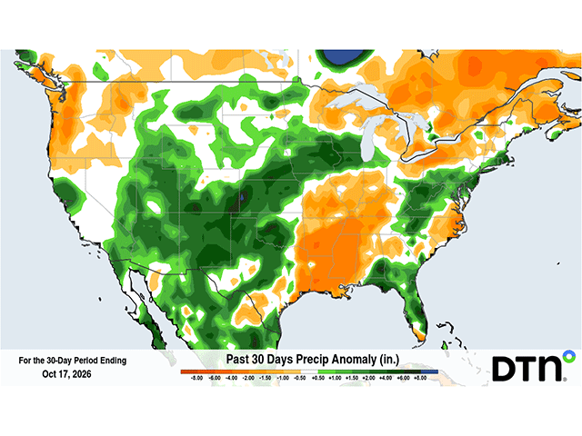 Over the past 30 days, above-average precipitation fell from Kansas into southern Wisconsin, leading to harvest setbacks early in the season. (DTN graphic)