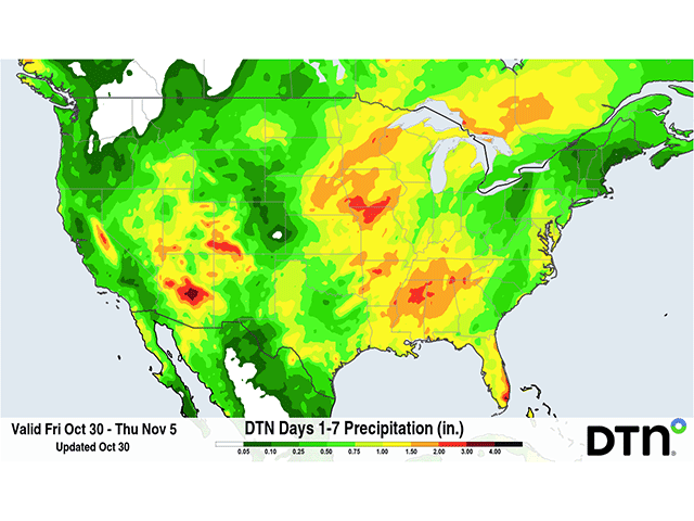 Rainfall over the next seven days should be rather widespread with some isolated showers over the weekend and a big system for next week. (DTN graphic)
