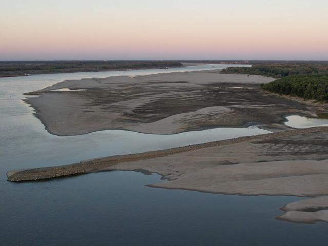 Sandbars are a familiar scene along the Lower Mississippi and Lower Ohio Rivers, such as these ones near Memphis, Tennessee. (Photo courtesy of American Commercial Barge Lines)